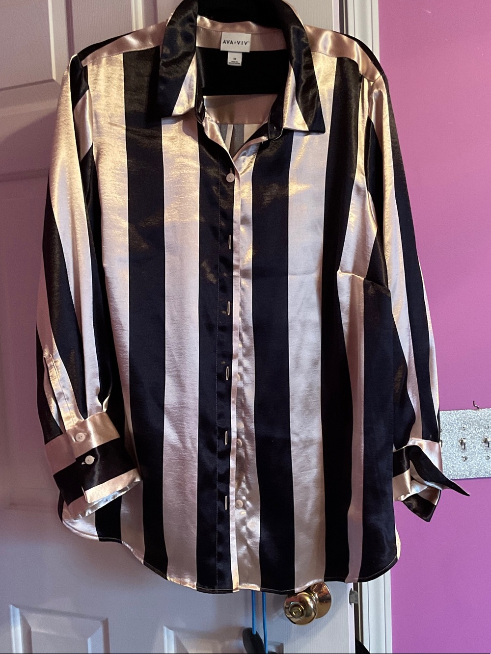 Ava & Viv Black and Champagne Vertical Stripe Button-Down Shirt